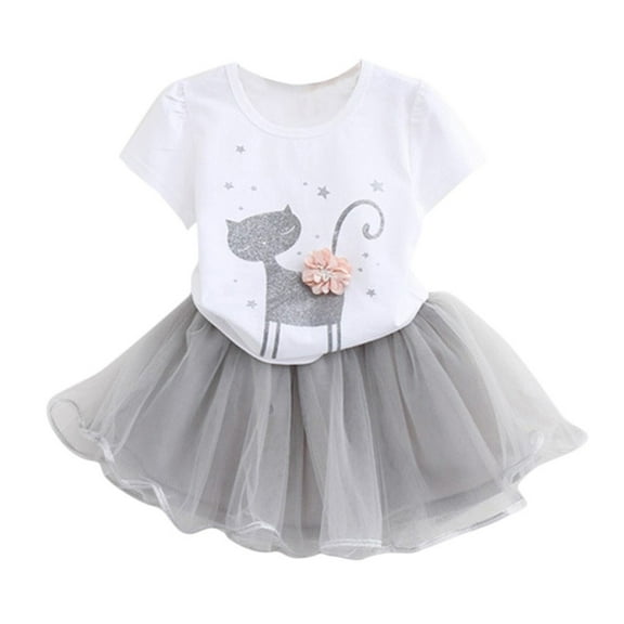 KDSJSXW Girls Summer Tops Baby Kids Girl's Outfits Small Cat Print Short Sleeve O Neck Ruffle Tops+Solid Color Tulle Skirts 2Pcs Clothes Set Girls Rompers Size 7-8 Clothes for Kids (White,110)