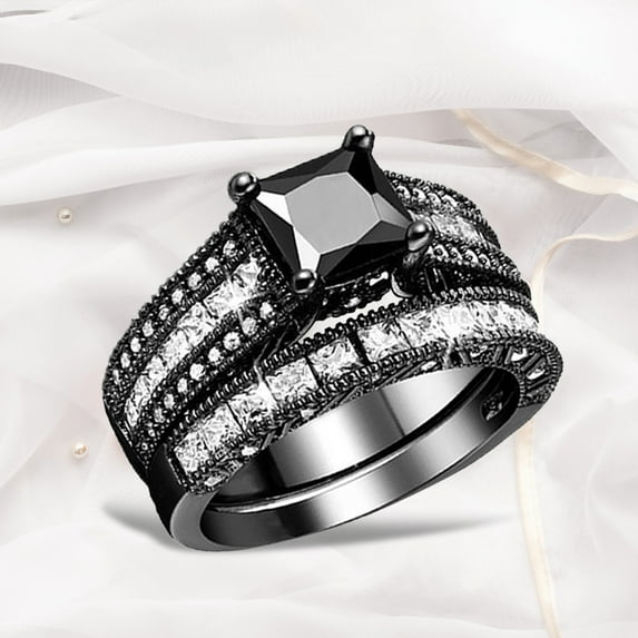 KDSJSXW Gold Engagement Rings for Women 2 In 1 Womens Vintage Black Ring Diamond Engagement Wedding Band Ring Set Gold Band Ring Woman Gold Wedding Bands for Women (Black,12)