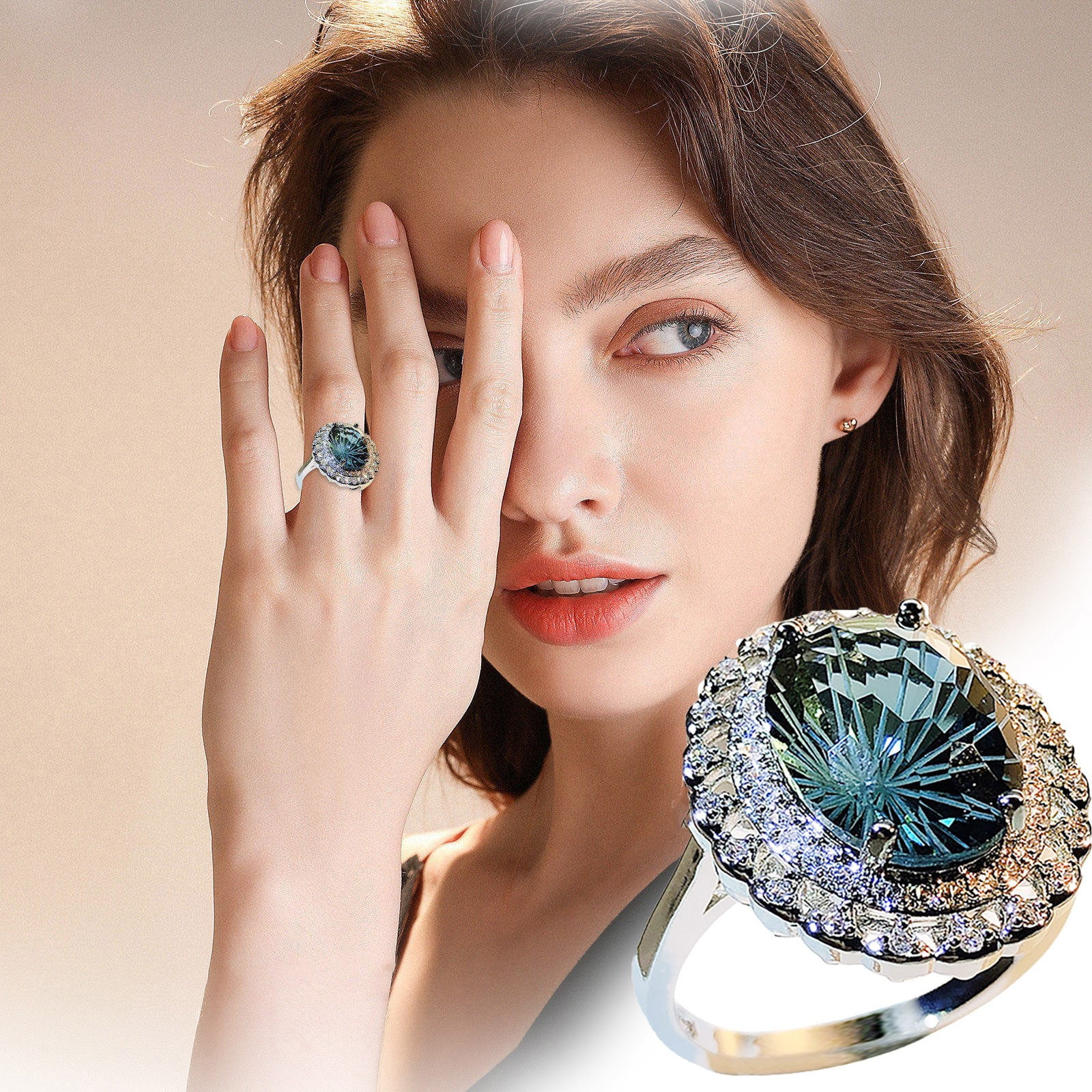 KDSJSXW Gold Jewelry for Women Blue Women's Ring Natural Blue Stone