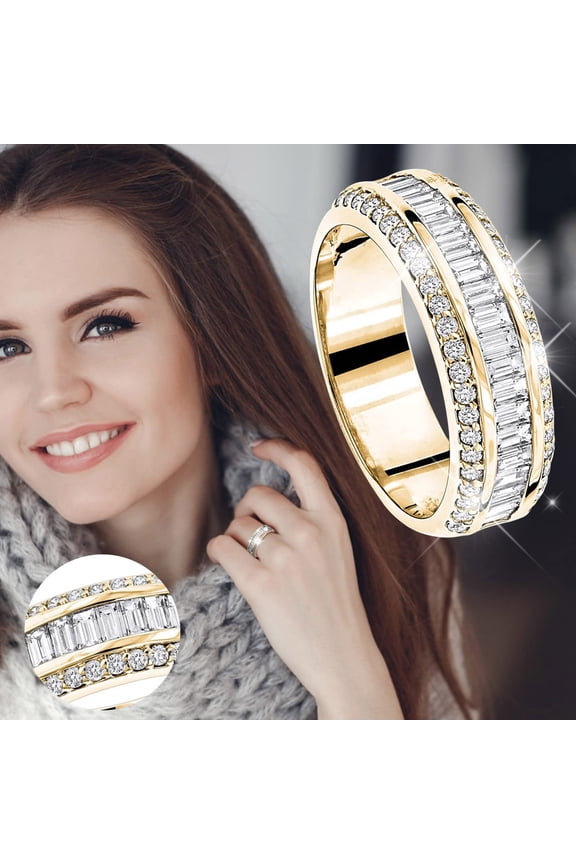 Gold Jewelry for Women Gold Triple Rhinestone Rings Women Fashion Full Diamond Zircon Ring Ladies Jewelry Diamond Rings for Women Size 5 11 Wedding Bands for Women Ring for Women (Gold,7)