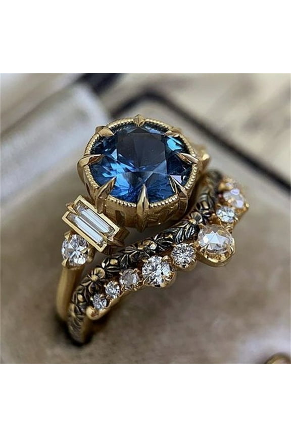 Gold Rings That Don'T Tarnish Bright Zircon Ring Round Blue Stone Jewelry Fashion Jewelry Engaged Ring for Women Wedding Band Wedding Band Gold Rings That Don'T Tarnish(Gold,8)