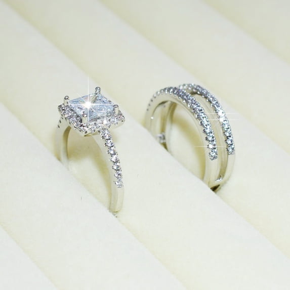 KDSJSXW Gold Rings That Don'T Tarnish Creative Women Set Zircon Ring Two Piece Creative Engagement Ring Set Hand Fashion Princess Engagement Ring Wedding Band Ring Set (Silver,8)