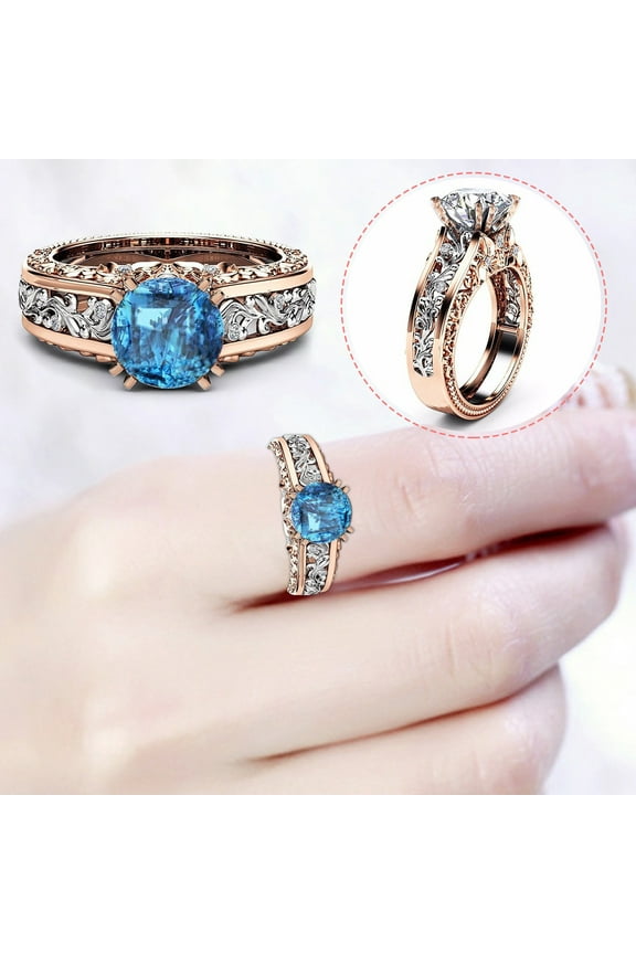 Ring Set Ladies Ring Alloy Plated 14K Rose Gold Color Separation Ring Jewelry Gift Silver Ring Crystal Rings Ring Set(Blue,6)