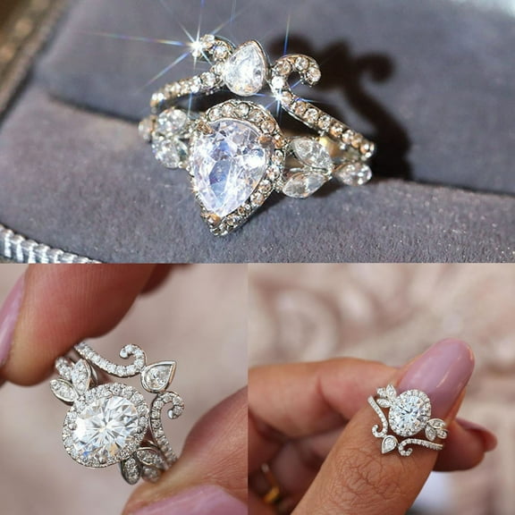 KDSJSXW Rings for Women Silver Promise Rings Delicate Design 2Pcs Set Diamond Fashion Ring Light Luxury for Women Geometric Rhinestone Ring Set White Color Cubic Zirconia Bridal (Silver,10)