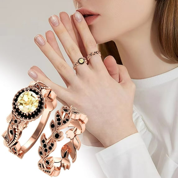 KDSJSXW Rubber Rings Women Diamond Double Ring Set for Women Fashion Jewelry Popular Accessories Non Tarnish Gold Rings Stainless Steel Rings for Women Rubber Rings Women(Rose Gold,7)