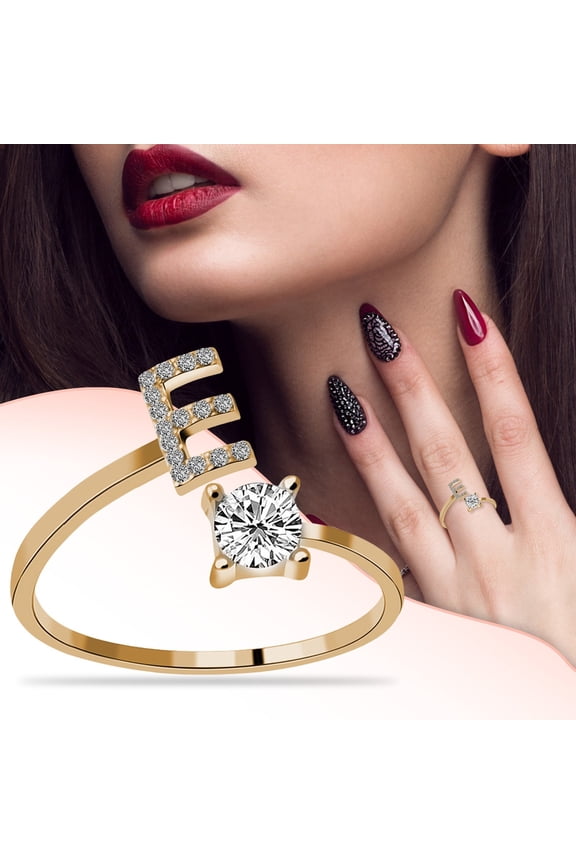 Rubber Rings Women Women's 26 Letter Ring Diamond Rhinestone Set Zirconia Open Adjustable Rings Jewelry Accessories Gifts Elegant Diamond Rings for Women Non Tarnish Gold Rings (E,One Size)