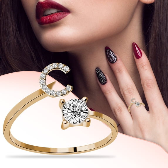 KDSJSXW Silver Ring Women's 26 Letter Ring Diamond Rhinestone Set Zirconia Open Adjustable Rings Jewelry Accessories Gifts Elegant Diamond Rings for Women Rubber Rings Women (C,One Size)
