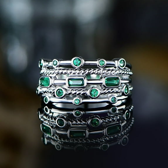 KDSJSXW Silver Wedding Band Women Fashionable Layered Green Gem Diamond Openwork Ring Zircon Ring Ladies Jewelry Diamond Rings for Women Gold Plated Rings for Women (Silver,8)