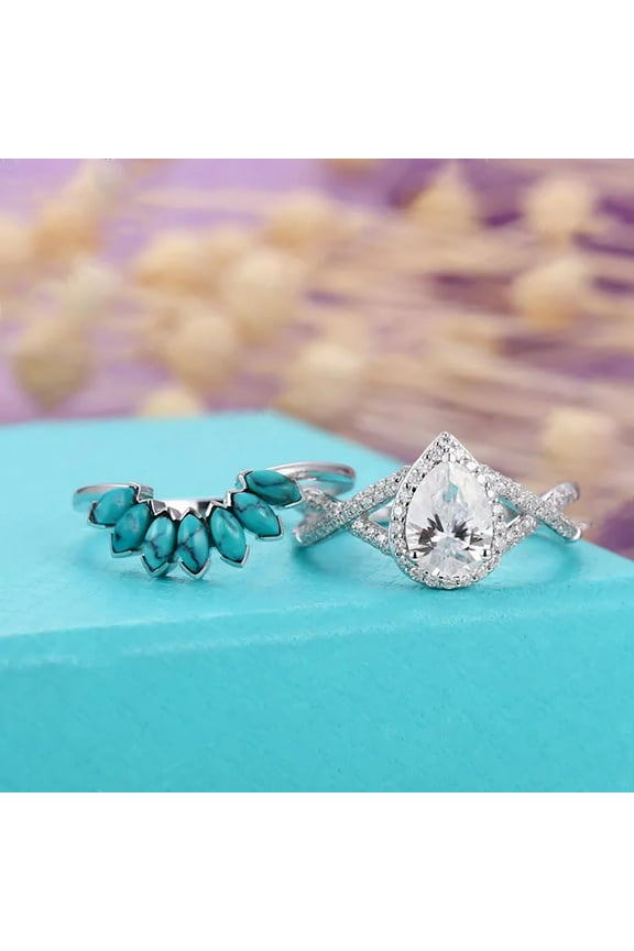 Stackable Rings 2Pc Set Women Shining White Crystal Zirconia Water Drop Shape Ring Turquoise Ring Promise Rings Engagement Wedding Band Ring Sets Love Ring (Silver,8)