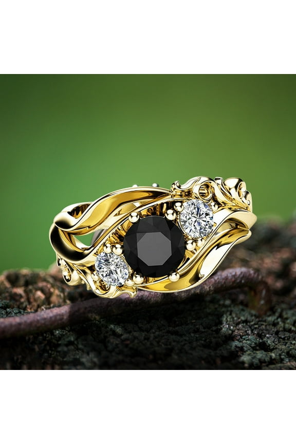 Stackable Rings Fashion Flower Line Black Zircon Ring Ladies Ring Diamond Ring for Women Love Ring Silver Rings for Women Stackable Rings(Gold,6)
