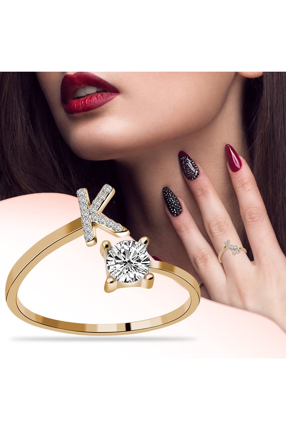 Stackable Rings Women's 26 Letter Ring Diamond Rhinestone Set Zirconia Open Adjustable Rings Jewelry Accessories Gifts Elegant Diamond Rings for Women Love Ring (K,One Size)