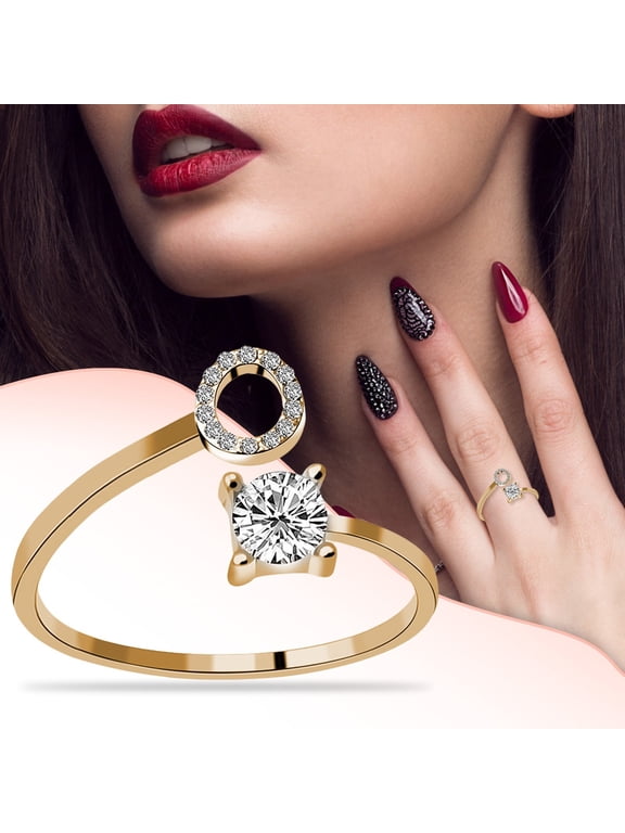 Stainless Steel Rings for Women Women's 26 Letter Ring Diamond Rhinestone Set Zirconia Open Adjustable Rings Jewelry Accessories Gifts Elegant Diamond Rings for Women Pinky Ring (O,One Size)
