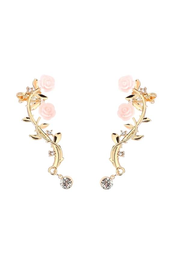 Womens Earrings Women's Style Style Earrings Vintage Women Rose Flower Branch Rhinestone Climber Crawler Earrings Ear Jewelry Earring Studs for Women Pearl Earring Set (Gold,One Size)