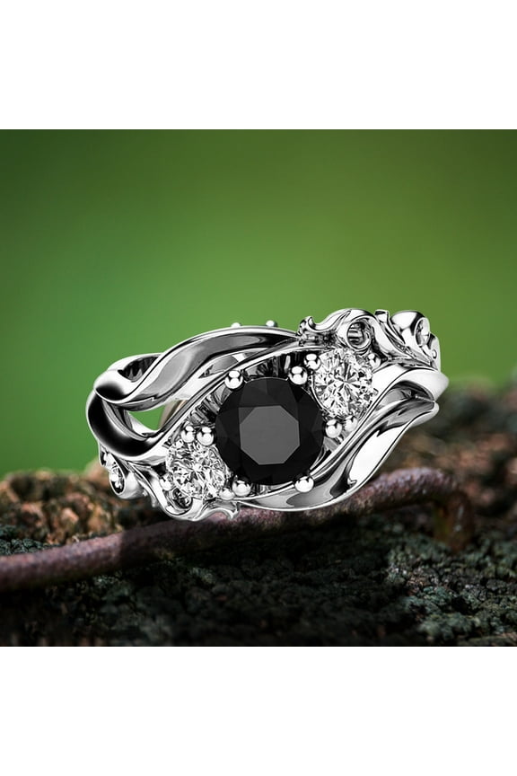 Womens Wedding Bands Fashion Flower Line Black Zircon Ring Ladies Ring Diamond Ring for Women Womens Jewelry Diamond Ring Womens Wedding Bands(Silver,8)