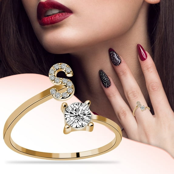 KDSJSXW Womens Wedding Bands Women's 26 Letter Ring Diamond Rhinestone Set Zirconia Open Adjustable Rings Jewelry Accessories Gifts Elegant Diamond Rings for Women Womens Jewelry (S,One Size)