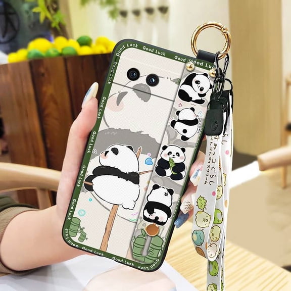 KDY-Phone Case For Google Pixel 8A, Cute Back Cover Shockproof Protective Wrist Strap Fashion Design Kickstand Panda Durable Anti-dust Phone Holder Cartoon Silicone Soft case Wristband