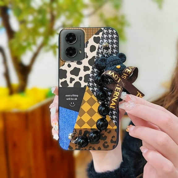 KDY-Phone Case For MOTO G 5G 2024, Black pearl pendant Skin-friendly feel soft case Anti-knock Back Cover cute Bear bracelet Simplicity Waterproof protective case Cartoon silicone