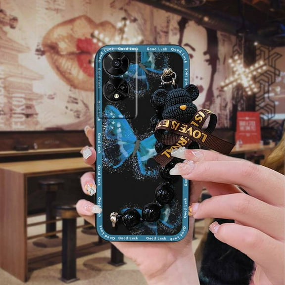 KDY-Phone Case For TCL 50 5G/50XE 5G/50XE NXTPAPER 5G, protective case Bear bracelet Cartoon Skin-friendly feel Black pearl pendant silicone Dirt-resistant Anti-knock soft case cute
