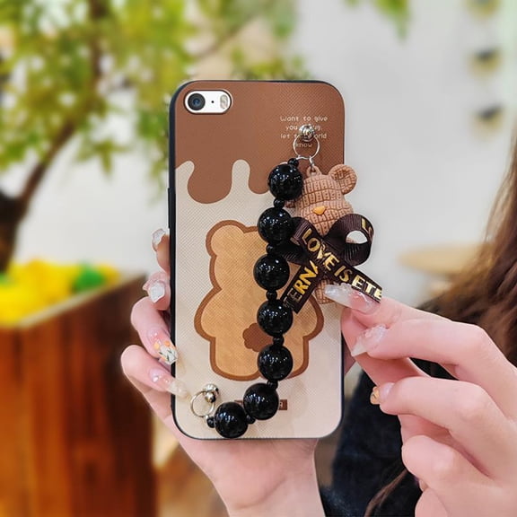 KDY-Phone Case For iphone 5/5S/SE, Back Cover Cartoon cute Skin-friendly feel Bear bracelet Black pearl pendant Dirt-resistant Simplicity Waterproof soft case silicone protective case
