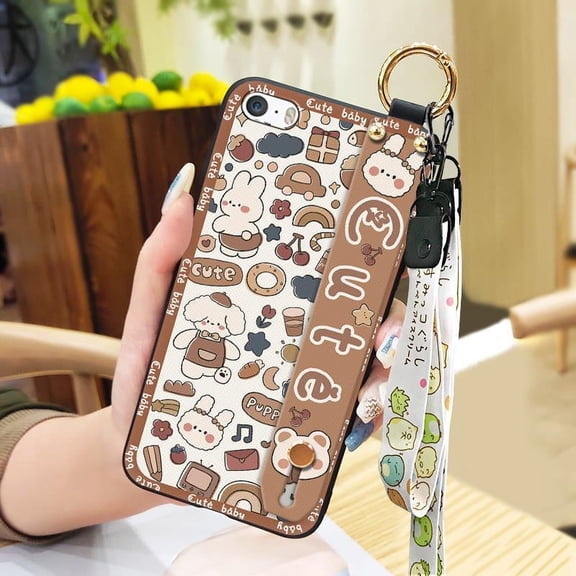 KDY-Phone Case For iphone 5/5S/SE, Ring Anti-dust Phone Holder Durable Shockproof Back Cover Soft case Wrist Strap Anti-knock Cute Waterproof Silicone Wristband Cartoon Lanyard Kickstand