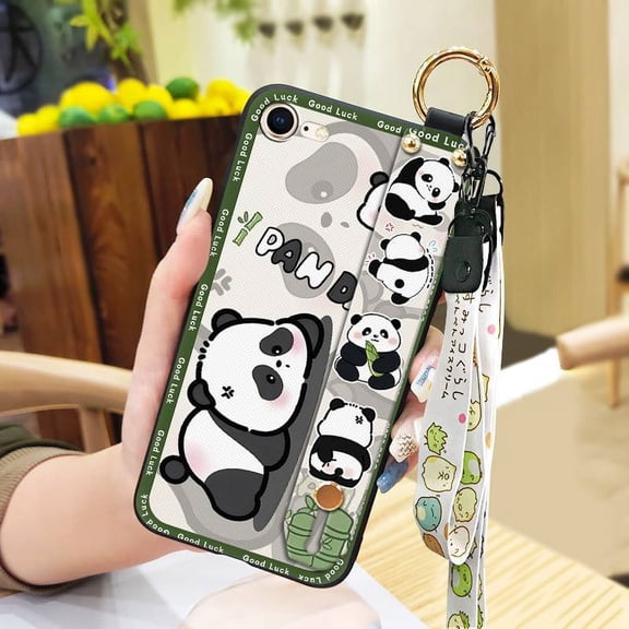 KDY-Phone Case For iphone 7/8/iphone SE 2020/SE2, Anti-dust Shockproof Silicone Wrist Strap Kickstand Dirt-resistant Wristband Phone Holder Anti-knock Durable Panda Protective Back Cover
