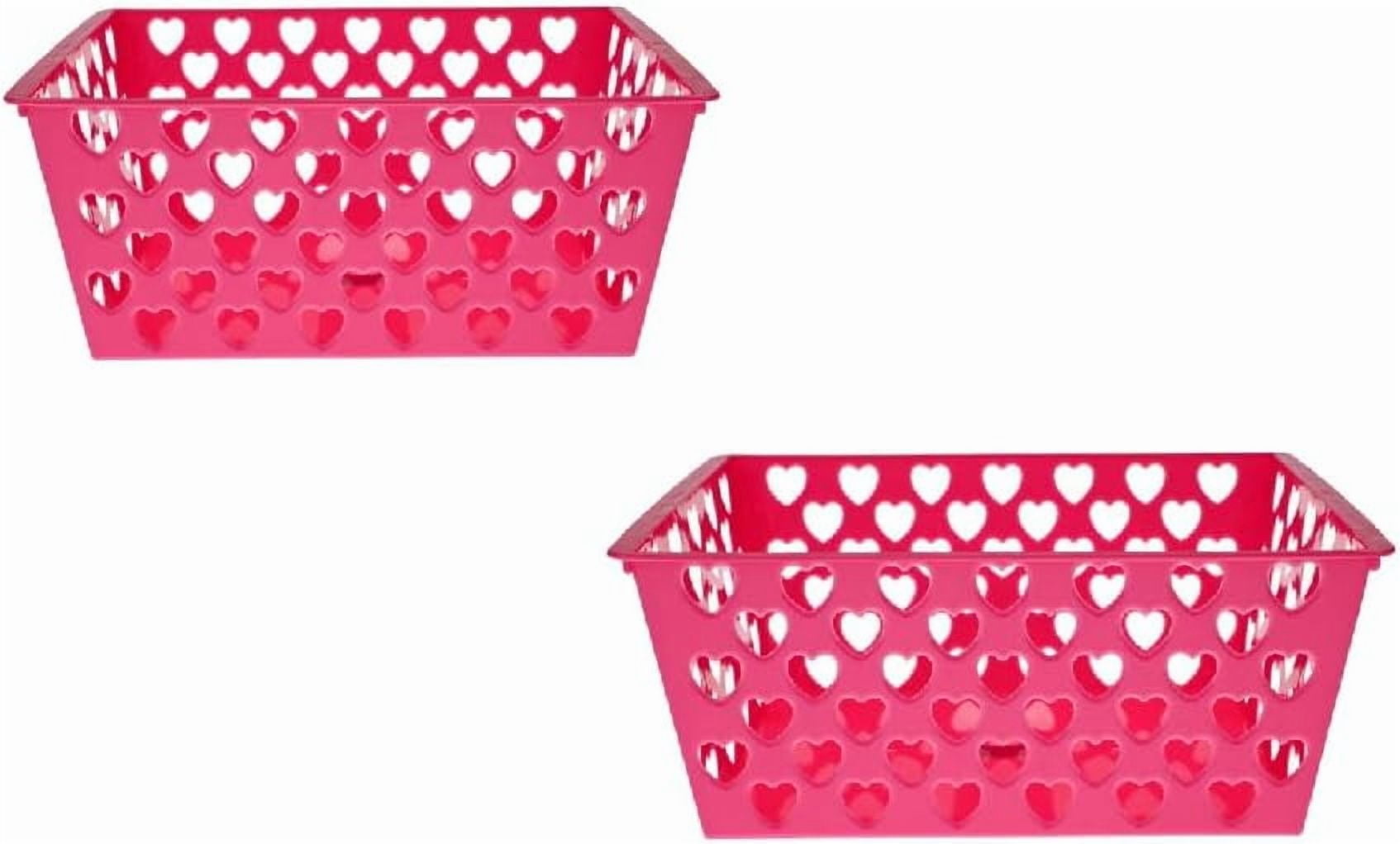 KDZO Rectangular Valentine's Day Heart Baskets 11 x 7.91 x 4.33 Inches Heart Shaped Hole Designed Valentine Plushies Candy Love Poem Gift Sweet Fruits Hand Towel Organizers Set of 2 (PINK)