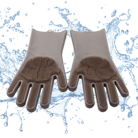 KE WOOW Magic Silicone Gloves for dishes. reusable cleaning brush, heat-resistance, gloves with thick bristles scrubber for hair removal pet, dogs, cats, Glove Latex Free, ECO-FRIENDLY. Grey