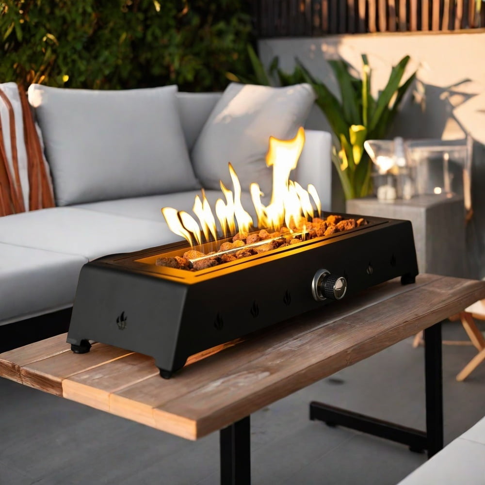 28'' Black Gas Tabletop Fire Pit with Lava Rocks