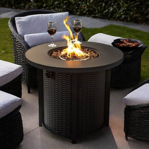 KEAIDO 30'' Round Propane Fire Pit Table, Black 50,000 BTU Steel Gas FirePit with Lid and Lava Rocks for Outdoor, Patio, Deck, Garden, Backyard