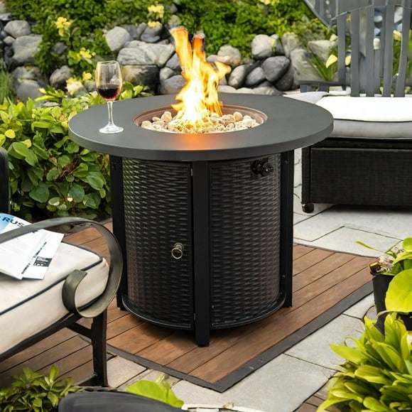 KEAIDO 32'' Round Propane Fire Pit Table, Black 50,000 BTU Steel Gas FirePit with Lid and Lava Rocks for Outdoor, Patio, Deck, Garden, Backyard