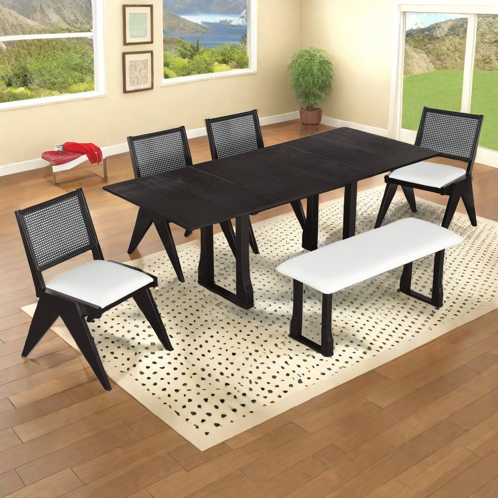 KEAIDO 82" Extendable Dining Table Set with 4 Upholstered Wicker Back ...