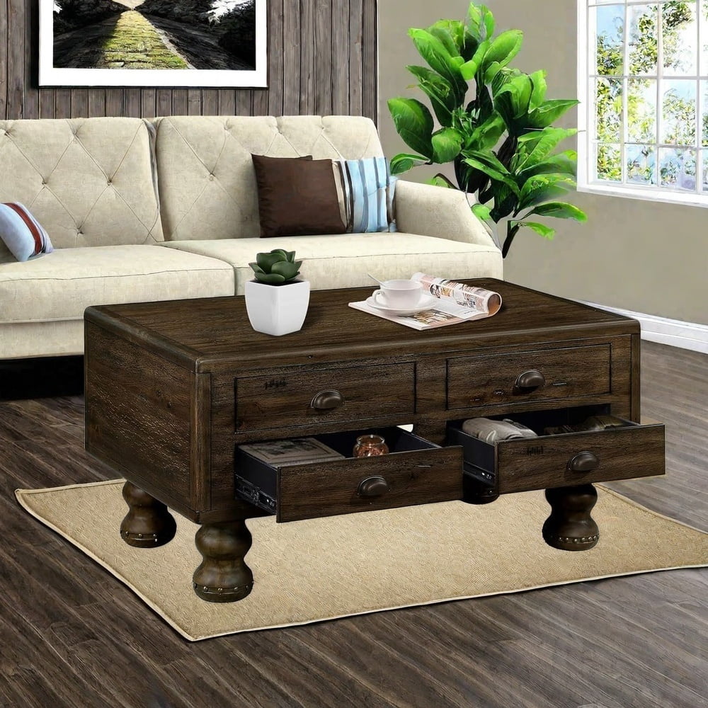 KEAIDO Coffee Table with Storage Drawers, 40" Solid Wood Vintage ...