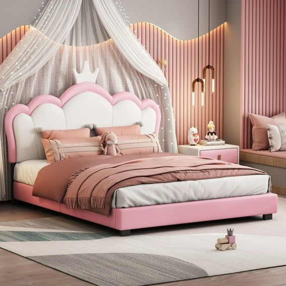 KEAIDO Full Size Upholstered Princess Bed with Crown Headboard, Platform Bed with Headboard and Footboard, High Load Capacity, White +Pink,