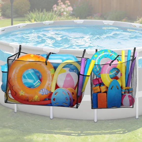 KEAWIS 2 Pack Pool Mesh Storage Organizer, Heavy Duty Float Holder w/ Adjustable Buckle Straps, Weather Resistant Dual Size Net for Pool Deck Fence, Store Pool Noodles Swim Floats Beach Accessories