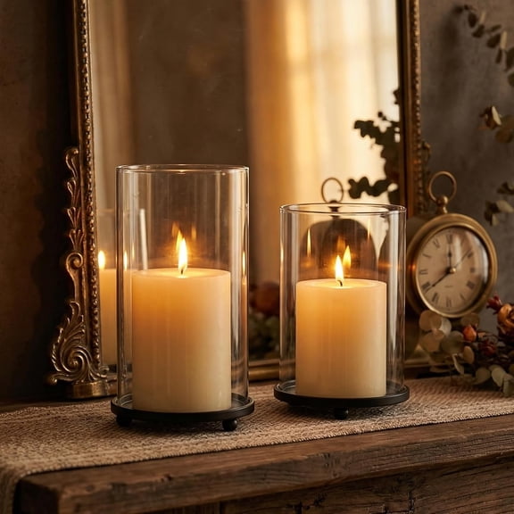 KEAWIS Hurricane Candle Holders Set of 2 with Glass Sleeves and 3 Point Ball Base for 3 Inch Pillar Candles Fireplace Mantel Dining Table Farmhouse Decor