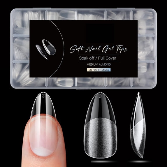 KEAWIS Pointed Almond Fake Nail Tips - 510Pcs Medium Gel Tips Pre-shaped Half Matte Full Cover Clear Acrylic Gel Kit False Press on Nails for Extension DIY Salon 15Sizes