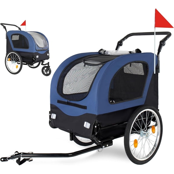 KECt2-in-1 Bike Trailer & Pet Stroller for Dogs up to 110lbs – Foldable Pet Carrier Cart with Front Caster & 20" Air-Filled Wheels, Breathable Mesh & PVC Rain Cover, blue