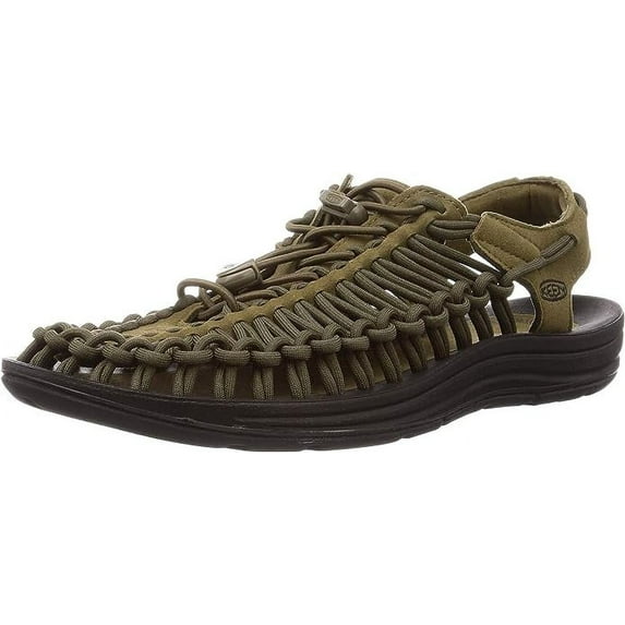 KEEN Men's UNEEK DARK OLIVE/BLACK Classic Two Cord Sandals Size 9.5 M | Original Open-air Sneaker | Eco Anti-odor | Adaptable Fit | Insole with Arch Support | Soft Microfiber Lining