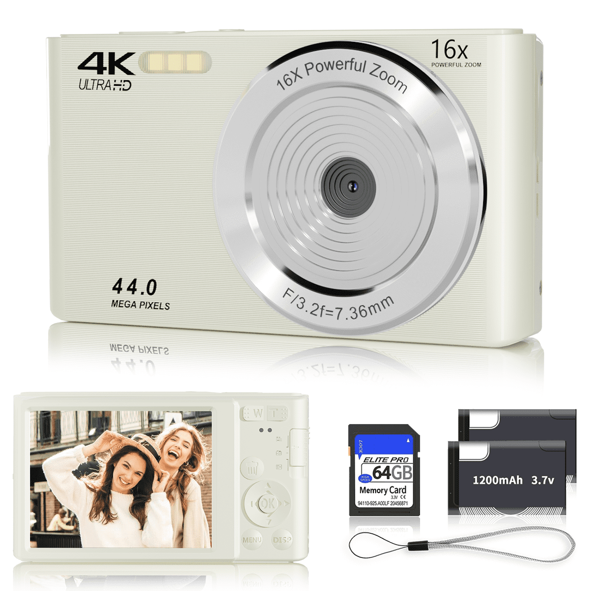 KEEPBERRY 4K Compact Digital Camera,Auto Focus 16x Zoom, 64GB TFCard, Lightweight, Black, for Teens