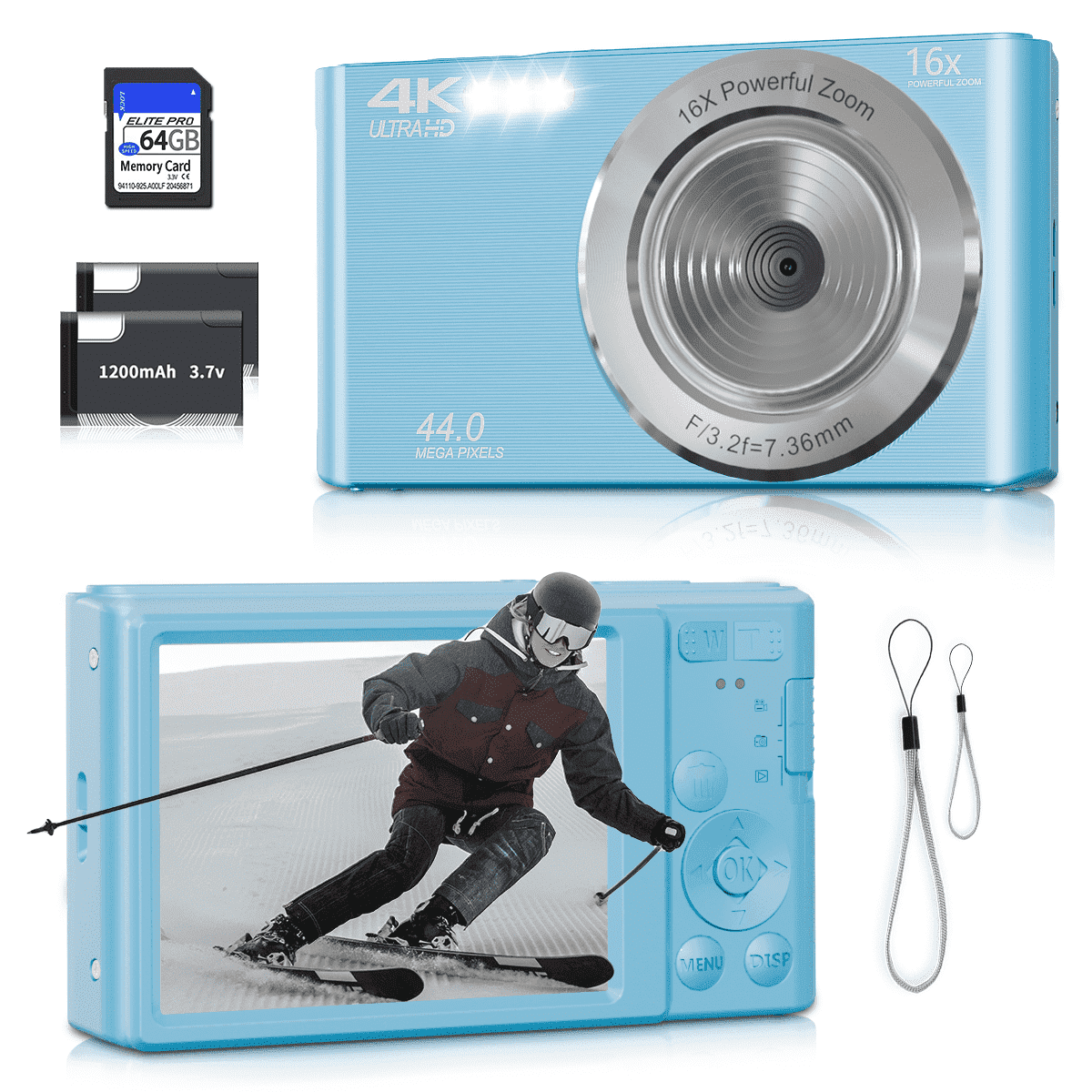 KEEPBERRY 4K Compact Digital Camera,Auto Focus 16x Zoom, 64GB TFCard, Lightweight, Blue, for Teens