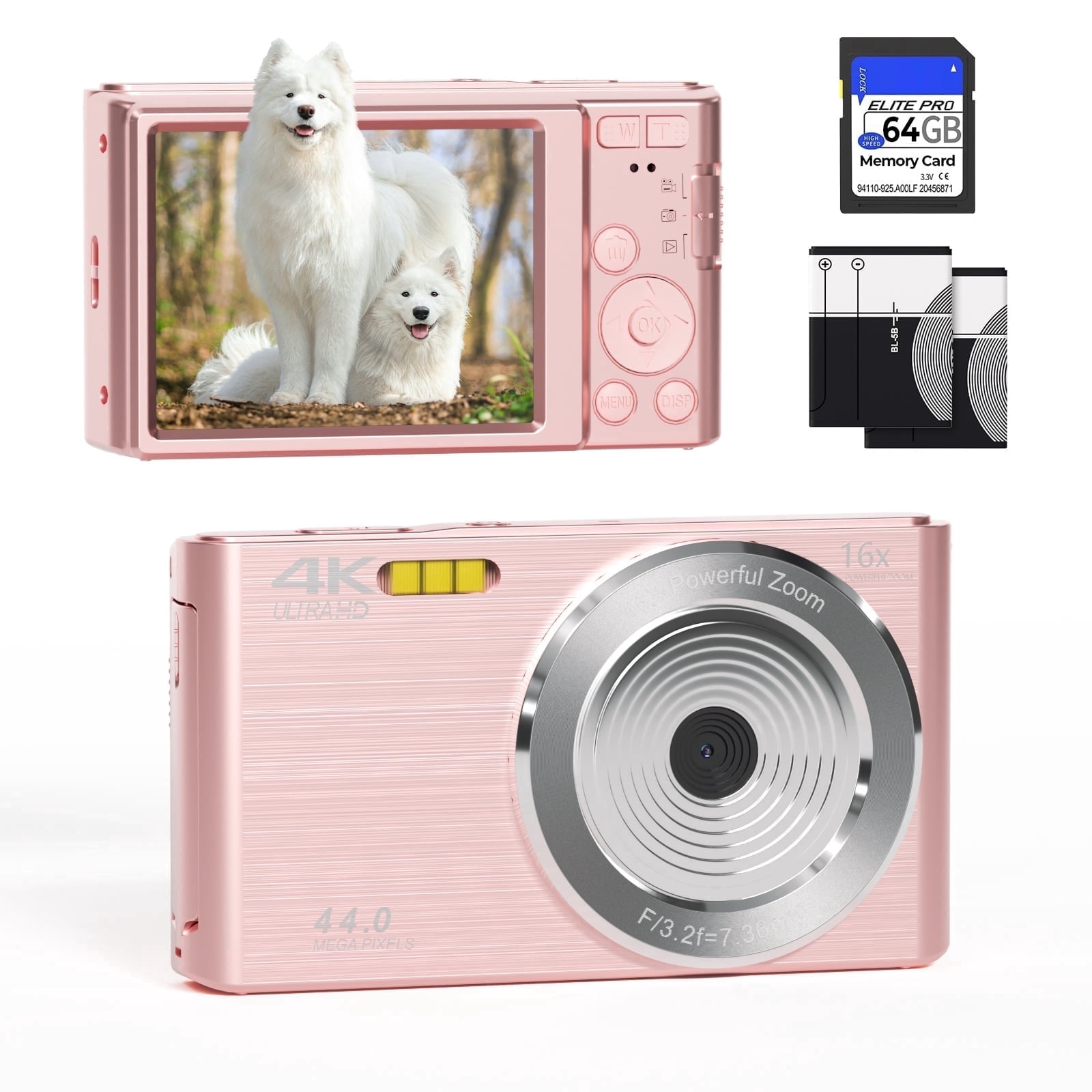 KEEPBERRY 4K Compact Digital Camera,Auto Focus 16x Zoom, 64GB TFCard, Lightweight, Pink, for Teens
