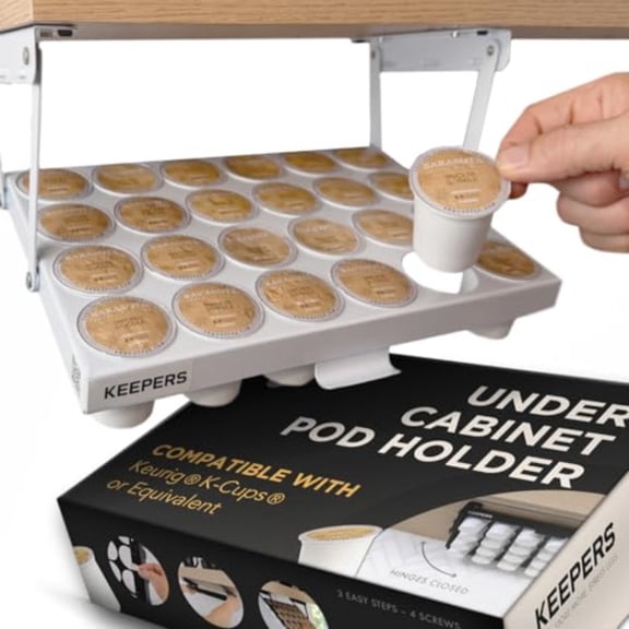 KEEPERS Under Cabinet K Cup Holder with Swing-Down Access Space-Saving Coffee Pod Holder and K Cup Organizer for 24 Pods Steel Coffee Pod Organizer with Easy DIY Installation