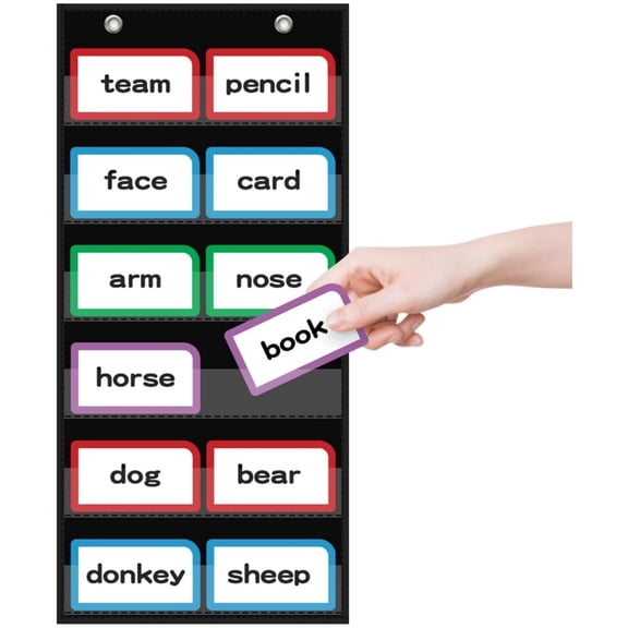 KEEPJOY 10”W x 25”H Classroom Words Pocket Chart with 6 Clear Pockets, Black Standard Pocket Chart for Classroom and Home for Sentence Strips, Reusable Words Hanging Pocket Chart (Black)