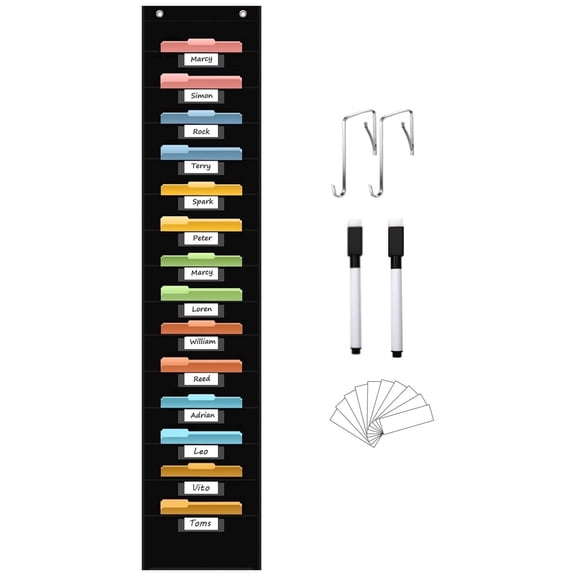 KEEPJOY Hanging File Organizer, 14 Pocket Wall Pockets Classroom Chart File Holder, 14 Nametags, 2 Hooks, Wall Storage for School, Home & Office, Black