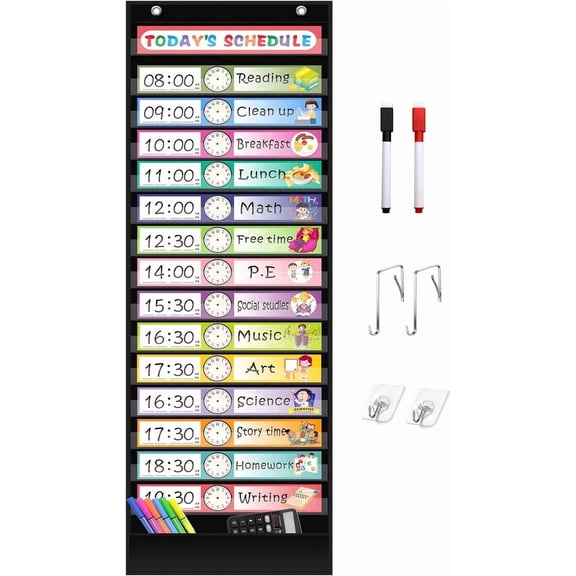 KEEPJOY 15+1 Pockets Daily Schedule Pocket Chart with 30 Pcs Double-Sided Reusable Cards, Scheduling Pocket Chart for Classroom Office Home School Activity(Black)