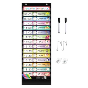 KEEPJOY 15+1 Pockets Daily Schedule Pocket Chart with 30 Pcs Double-Sided Reusable Cards, Scheduling Pocket Chart for Classroom Office Home School Activity(Black)