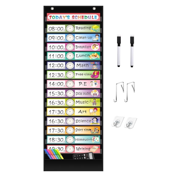 KEEPJOY 15+1 Pockets Daily Schedule Pocket Chart with 30 Pcs Double-Sided Reusable Cards, Scheduling Pocket Chart for Classroom Office Home School Activity(Black)