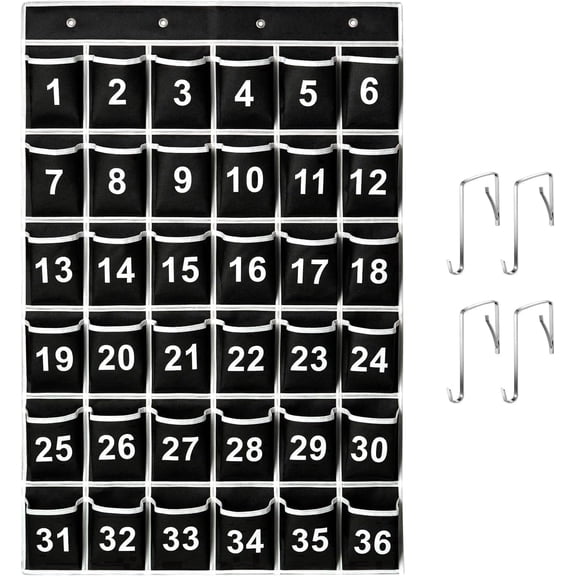 KEEPJOY 36 Pockets Numbered Classroom Pocket Chart for Cell Phones, Hanging Pocket Chart Storage for Classroom Phone Holder with 4 Hooks ,Black