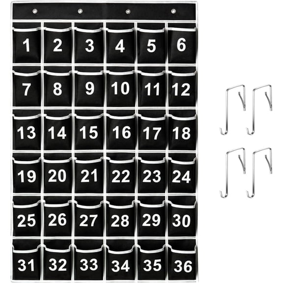 KEEPJOY 36 Pockets Black Numbered Classroom Pocket Chart for Cell Phones, Hanging Pocket Chart Storage for Classroom Phone Calculator Holder with 4 Hooks (Black-36pockets)