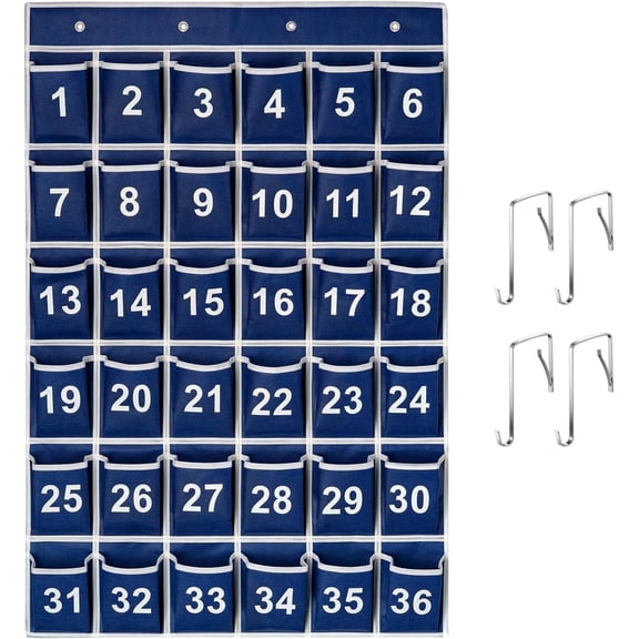 KEEPJOY 36 Pockets Blue Numbered Classroom Pocket Chart for Cell Phones, Hanging Pocket Chart Storage for Classroom Phone Calculator Holder with 4 Hooks (Blue-36pockets)